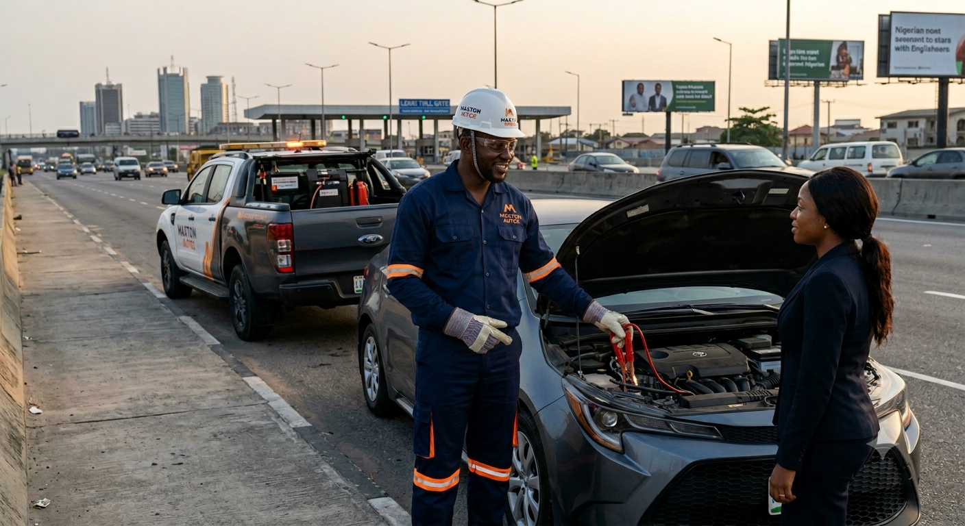 Maxton Autoz roadside assistance technician in branded coveralls and hard hat helping a Lagos customer at the Lekki toll gate